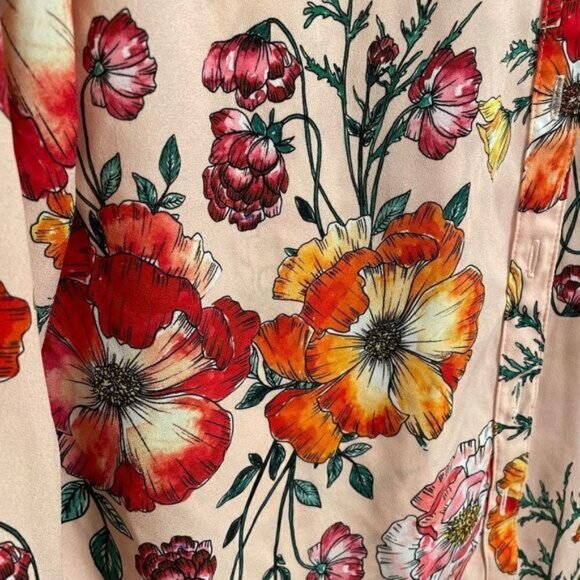 Express Peach Floral Poppy Slim Fit Button Down Portofino Blouse, Small - Picture 4 of 5